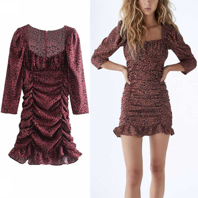 

Za Animal Print Vintage Dress Women Long Puff Sleeve Ruched Mini Party Dresses Chic Back Zip Female Short Tight Dress 210602, As picture