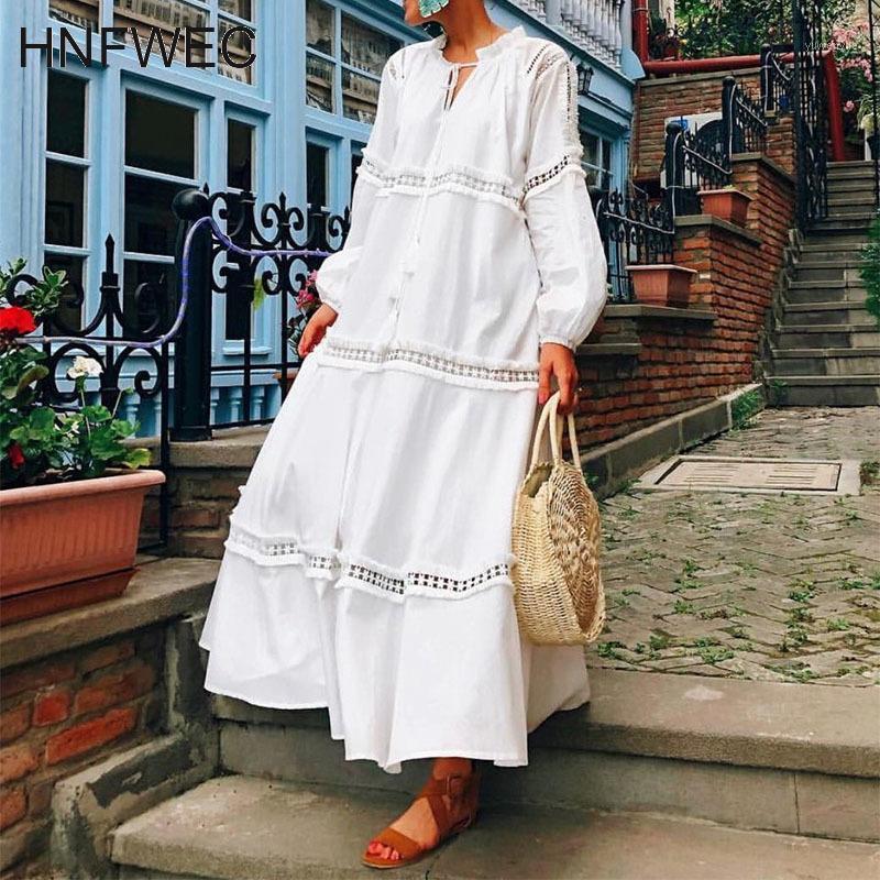 

Casual Dresses 2021 Autumn Women Boho Maxi Dress Cotton Loose Shirt White Lace Tunic Beach K158