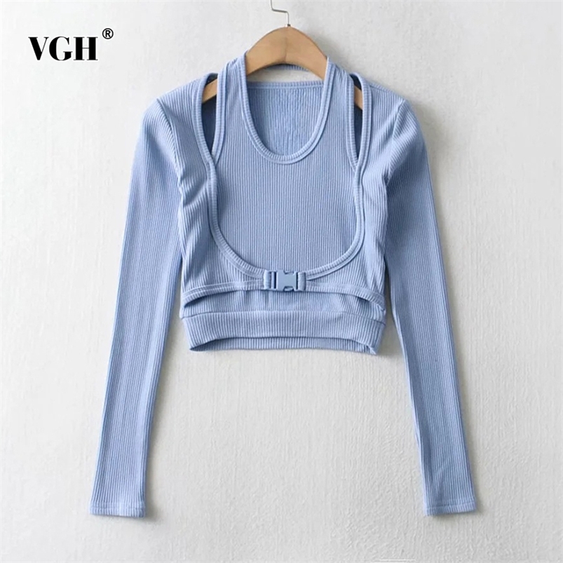 

VGH Casual Hollow Out T Shirt For Women O Neck Long Sleeve Sashes Solid Minimalist T Shirts Female Fashion Clothing Spring 210722, Khaki