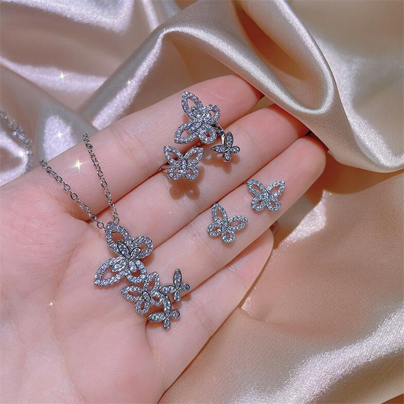 

Simple Fashion Choucong Brand Wedding Jewelry Sets 925 Sterling Silver Ins Top Sell Butterfly Pendant 5A Zircon Women Wedding Open Ring Clavicle Necklace Gift