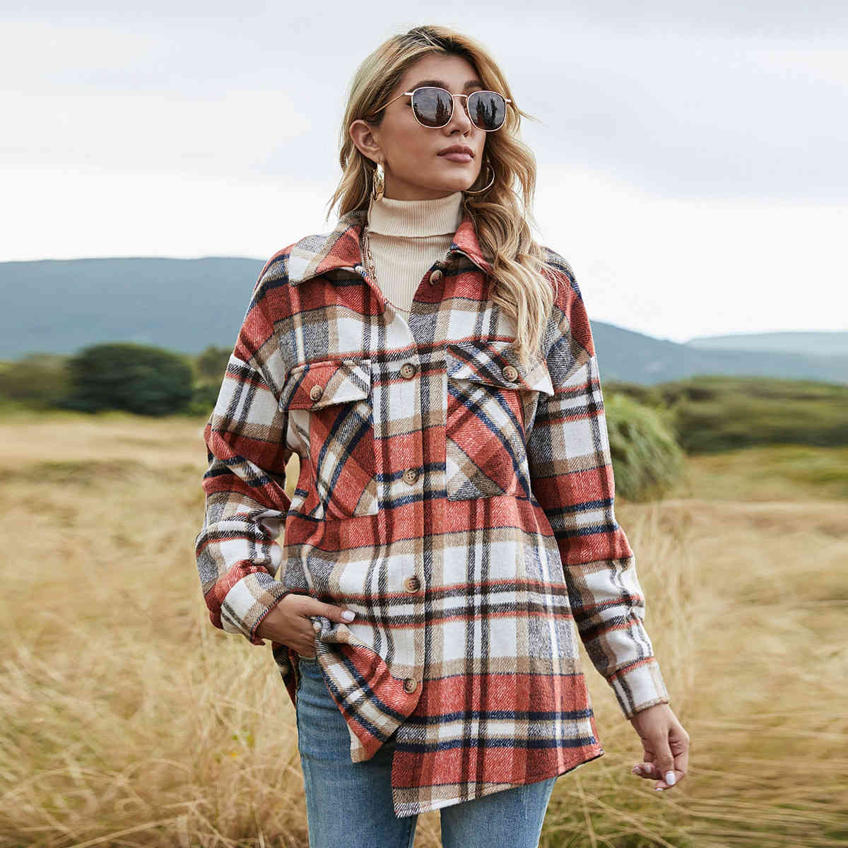 

Spring Long Patchwork Plaid Turn-down Collar Single Breasted Street Style Women's Shirt 210524, Multi