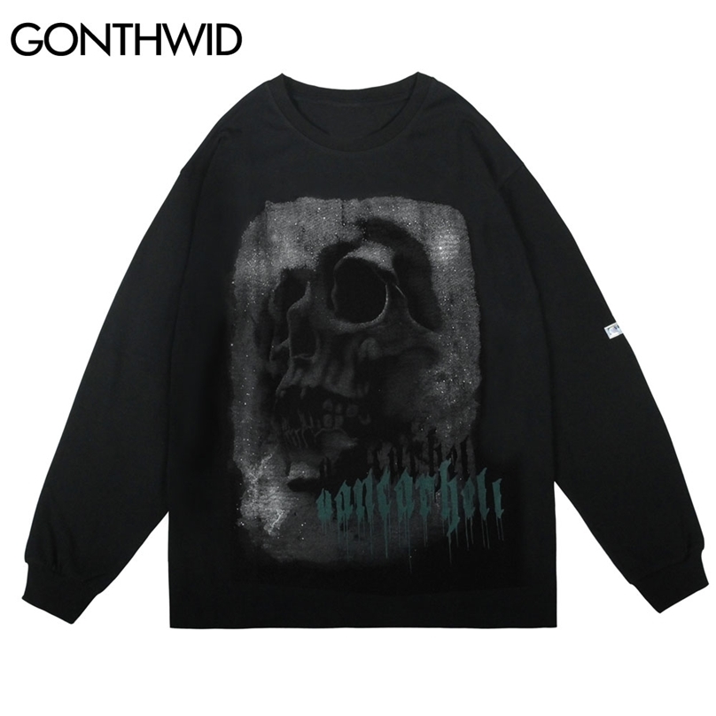 

Long Sleeve Tees Shirts Streetwear Hip Hop Skeleton Print Punk Rock Gothic Tshirts Men Fashion Hipster Harajuku Tops 210602, White