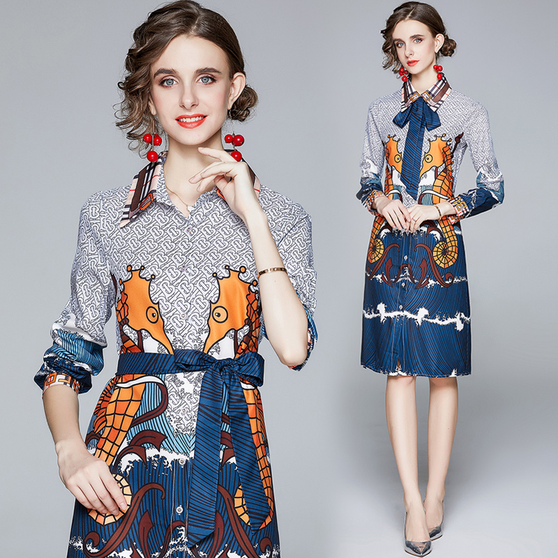 

2021 Runway Elegant Bow Shirt Dress Luxury Designer Long Sleeve Printed Ribbon Prom Ladies A-Line Dresses Business Party Office Spring Autum, Black;gray