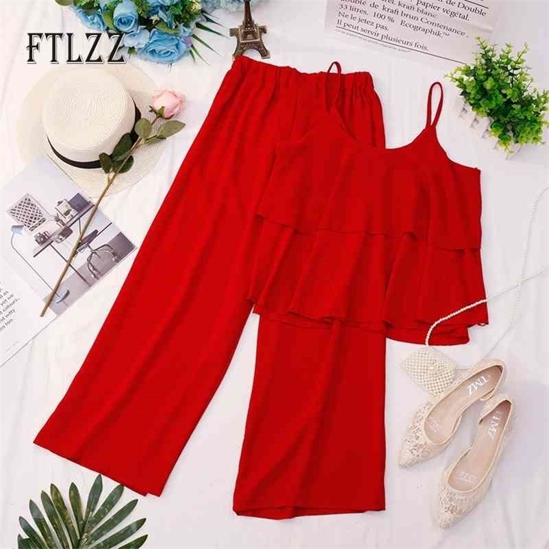 

Women Ruffles Two Piece Set Summer Spaghetti Blouse Tops + Straight Pants Outfit Ladies Chiffon 2 Pcs Sets Tracksuit 210602