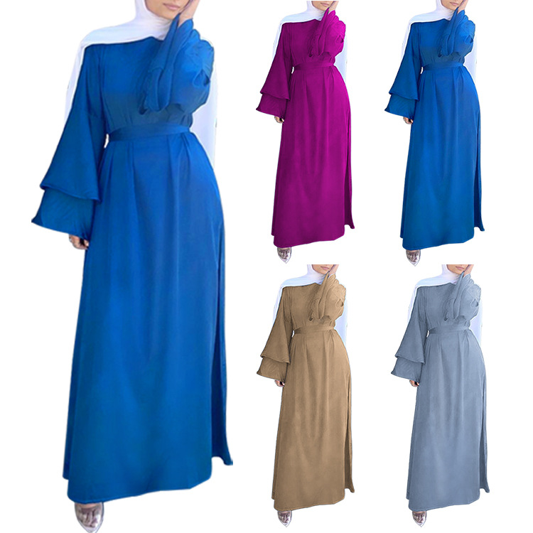 

Ramadan Flare Sleeve Muslim Women Dress Islamic Clothing Solid Eid Turkey Hijab Abaya Vestidos Lace-up Moroccan Kaftan Abayas