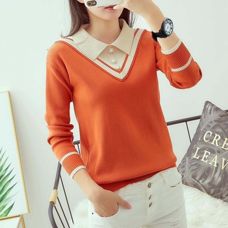 

Women Autumn Winter Casual Spliced Jumper Lady Vintage Button Long Sleeve Knitted Pullover Female Elegant Slim Sweater H288 Women' Sweaters, Blue