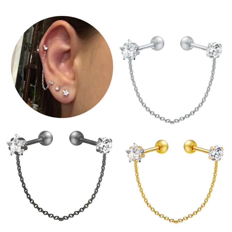

Stud 1Pc Surgcal Steel Tassel Zircon Ear Studs Non-allergic Chain Earring Body Piercing Fashion Jewelry, Golden;silver