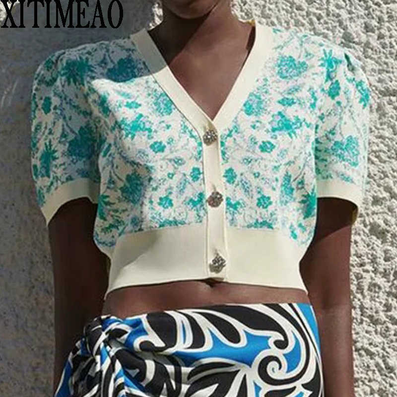 

Za Women Fashion Retro Printing Blue V-neck Knitted Cardigan Vintage Short Sleeve Sweater XITIMEAO 210602