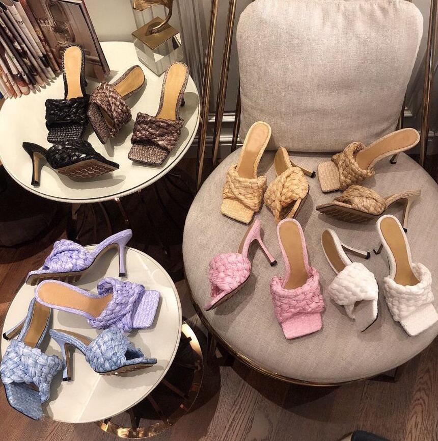

STRETCH High Heel Sandals Designer Luxury Women Intrecciato Woven Fiber Extended Muller Sandal Square Toe Knotted Ribbon Italy Classics Slippers With Box Size 35-40, Color 16