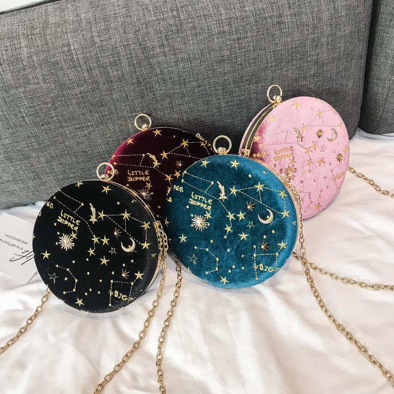 

Evening Bags 2021 Ladies Small Round Wallet Fashion Starry Sky Suede Shoulder Bag Designer Chain Female Messenger