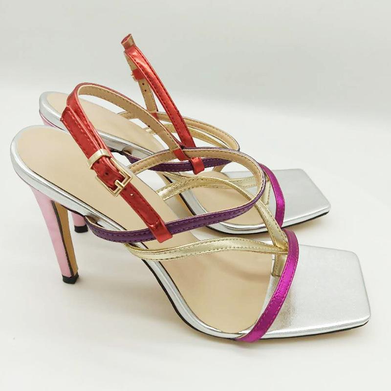 

Dress Shoes Summer Style Large Size Color-blocking PU Square Toe Flip-flops Stiletto Sandals Banquet Fashion All-match Womens Shoe, Multi