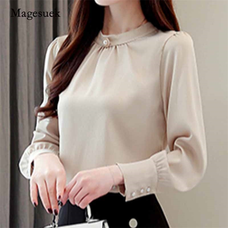 

Long Sleeve Womens Tops and Blouses Beading Chiffon Blouse Feminina Plus Size Solid O-Neck Blusas Mujer De Moda 1418 45 210518, Red