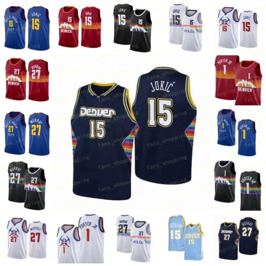 

Nikola Jamal 27 Murray 15 Jokic Basketball Jersey 75th dikembe city Mutombo Carmelo 15 Anthony Michael 1 Porter Jr. retro Shirt Jerseys anni, Black;red