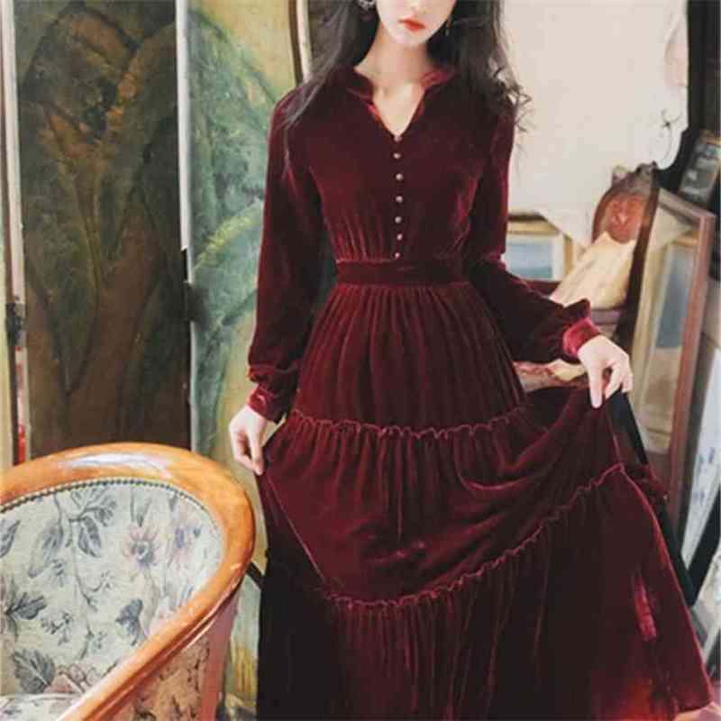

Autumn Winter V-neck Maxi Women Dress Burgundy Vintage Velvet Ankle-Length Evening Long Party Dresses Sleeve 210603, Blue