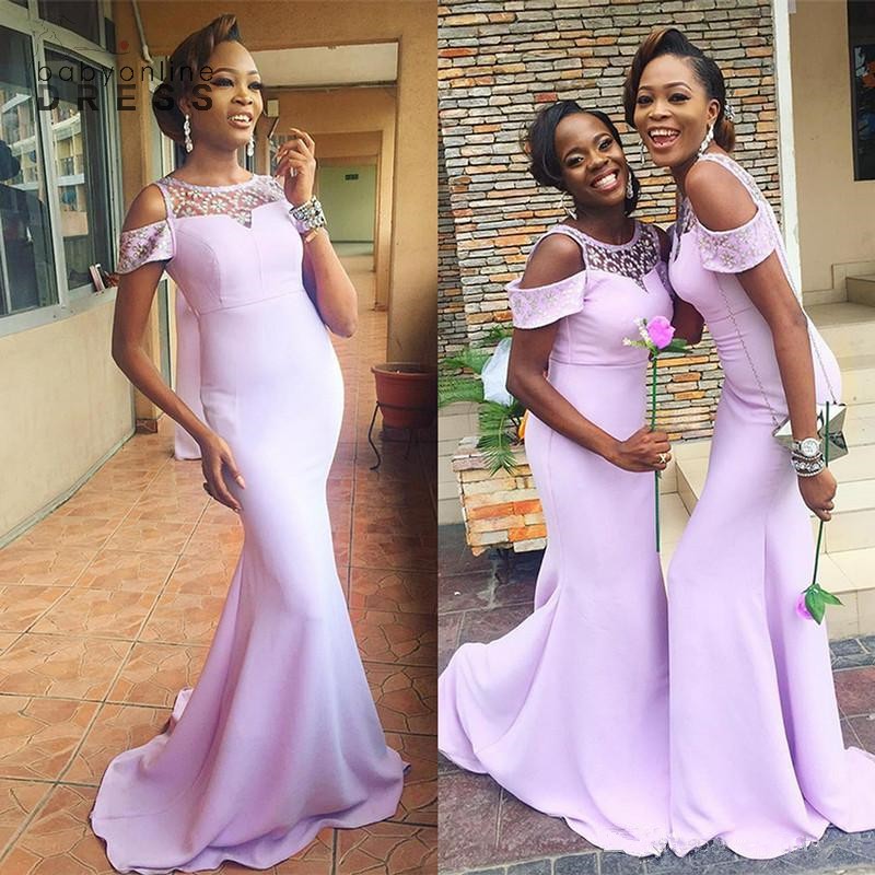 

Lavender Bridesmaid Dresses African Girls Sexy Mermaid Sheer Neck Cap Sleeve Long Maid of Honor Gowns Wedding Guest Evening Prom Wears