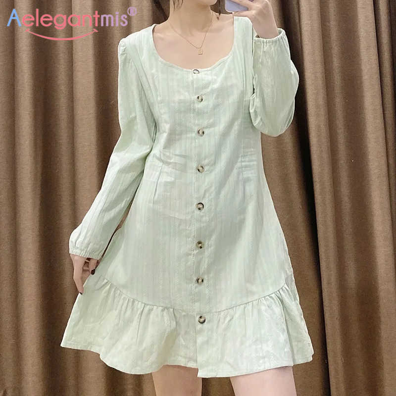 

Aelegantmis Green Square Collar Mini Dress Women Elegant Loose Casual Ruffles Single Breasted A Line Short Vestidos Korean 210607