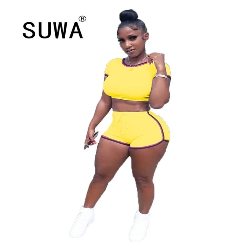 

Contrast Color Striped Patchwork Women 2 Piece Tracksuit Sets Short Sleeve Pullover Crop Top Biker Sweatpants Casual Outfits 210525, Red