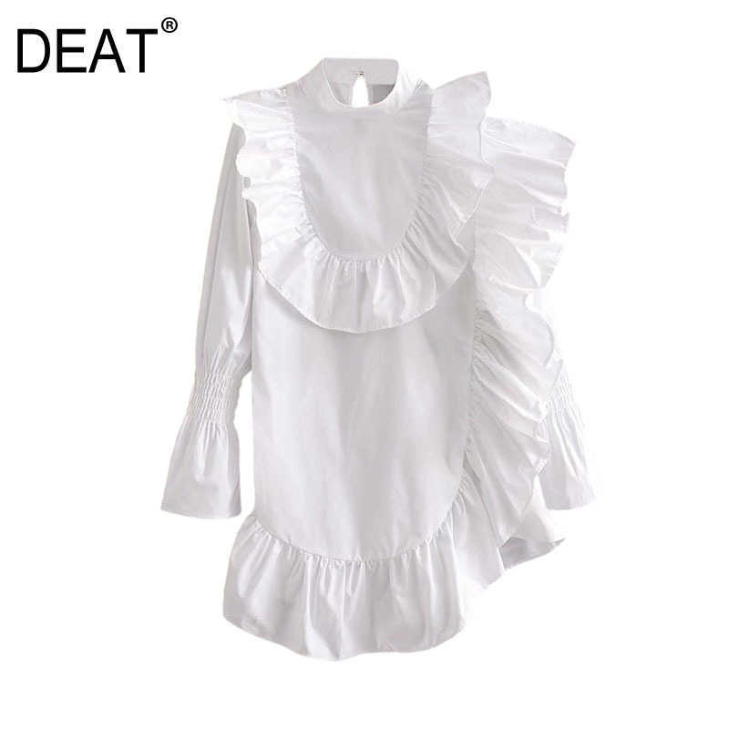 

[DEAT] Spring Autumn Fashion Stand-up Collar Irregular Ruffles Long Sleeve Solid Color Loose Personality Dress 210527, White