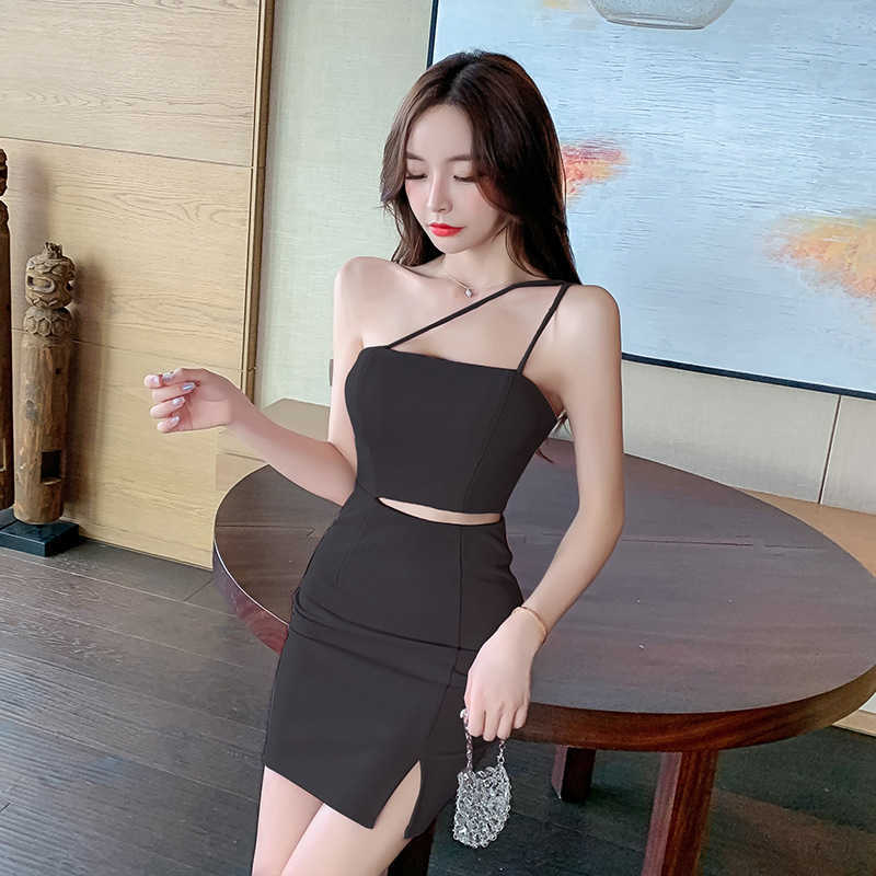 

fashion sexy oblique shoulder waist bag hip temperament split open back tight dress Polyester Office Lady 210603, Black