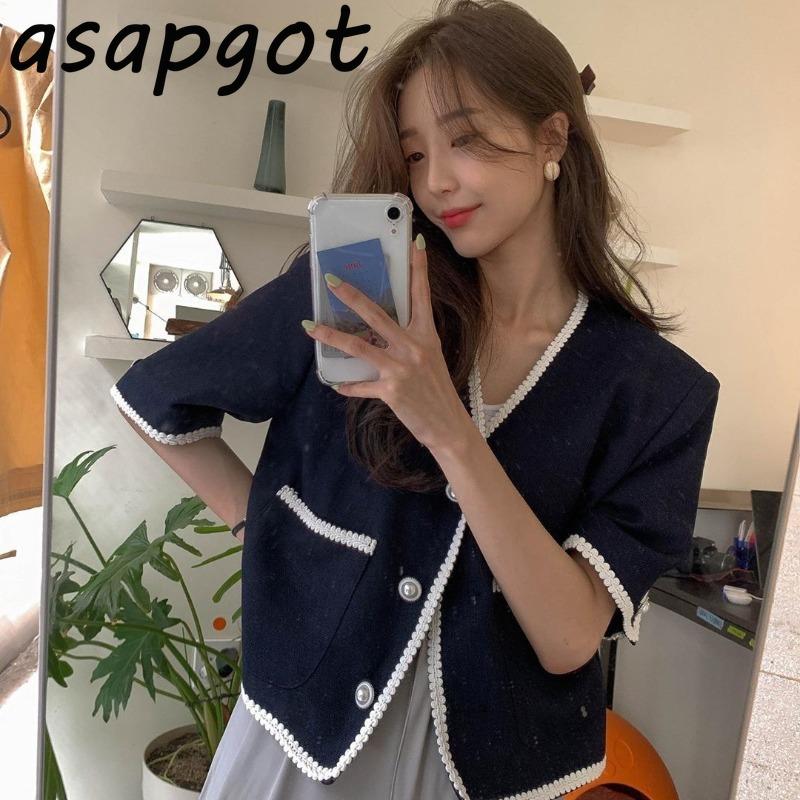

Women's Jackets Coats & Chic Korean Summer Clothes V Neck Patchwork Short Sleeve Jacket Women Knitted Three Button Tops Fashion Retro, Black;brown