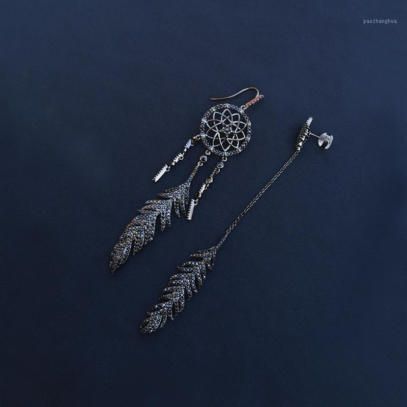 

Asymmetric Mysterious Black Dream Catcher Earring S925 Sterling Silver Female Personality Feather Long Jewelry Stud, Golden;silver