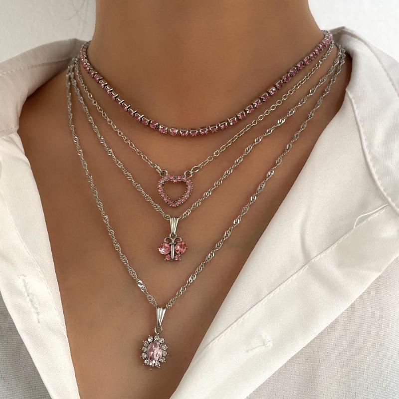 

Chains Hip Hop Punk Crystal Butterfly Heart Twist Chain Multilayer Necklaces For Women Silver Color Tennis Necklace Party Jewelry