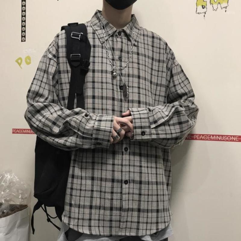 

Men's Shirt 2021 Spring Slim-fitting Plaid Print Long-sleeve Loose Casual Lapel Personality Youth Wear1, Gray
