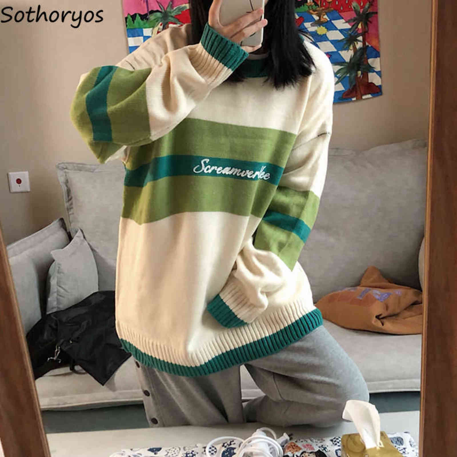 

Pullovers Women O-neck Letter Printed Sweaters Panelled Loose-fit Casual All-match Knit Ulzzang Chic Mujer Outwear New Arrival Y1110, Purple
