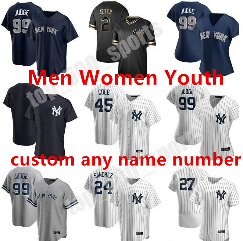

Custom 2021 Men Women Youth Kids Baseball 45 Gerrit Cole Jersey 2 Derek Jeter Gary Sanchez DJ LeMahieu Aaron Judge Gleyber Torres Stanton Ya, Blue;black