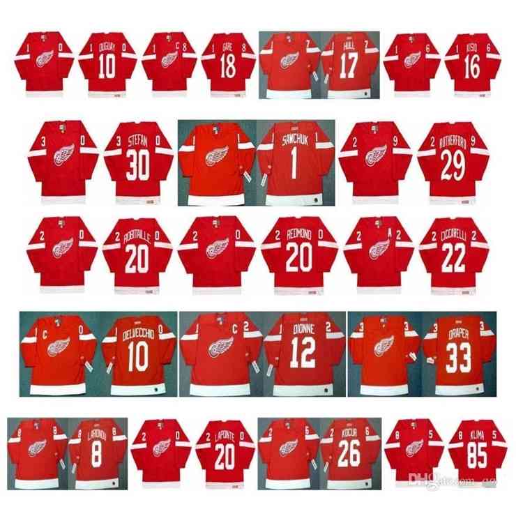 

3740Vintage Detroit Red Wings Jerseys 18 DANNY GARE 10 RON DUGUAY 33 KRIS DRAPER 12 MARCEL DIONNE 10 Alex Delvecchio 22 DINO CICCARELLI Hockey, Black