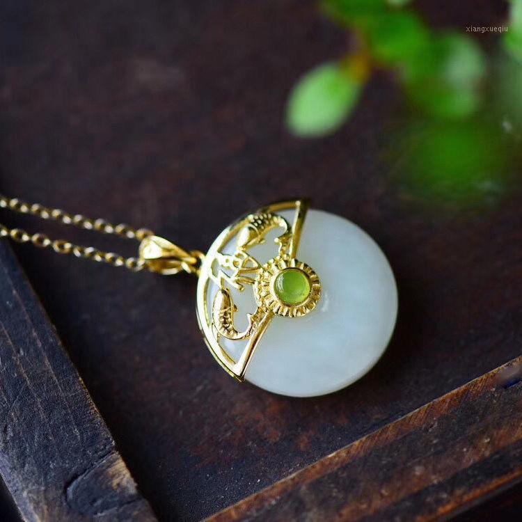 

Silver Inlaid Natural Hetian White Jade Pendant Necklace With Chinese Unique Ancient Gold Craft Charm Women's Jewelry Chains