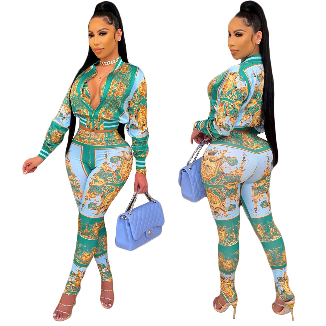 

Free Ship 2021 Women Fashion Print Slim Zip Neck Jacket and Pants Two Piece Set Ladies Tracksuits Sporty Outfits, White
