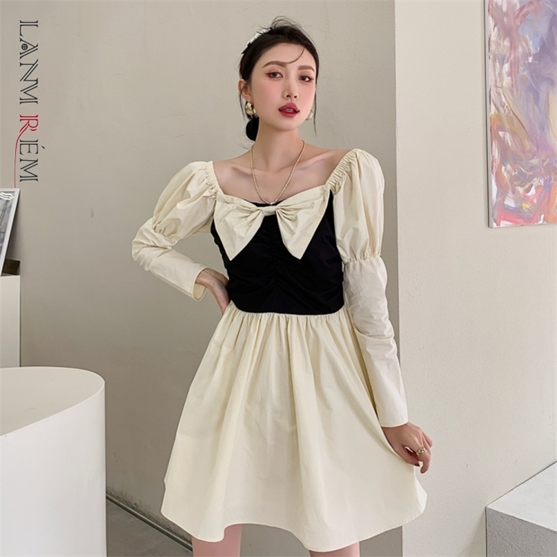 

Women Square Neck Bow Matching Long Sleeve Dress Loose Fit Lady Fashion Summer Arrivals 2H131 210526, White