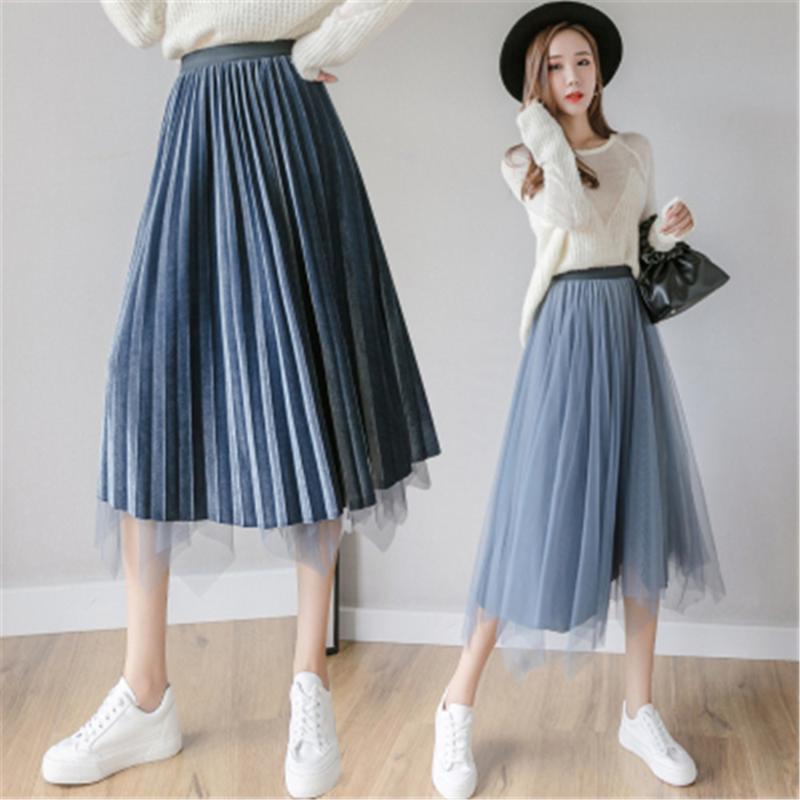 

Skirts Fashion Patchwork Mesh Midi Skirt Women Velvet Winter Saias Both Sides Can Wear Jupe Tulle Femme Stretch Pleated Ladies, Black