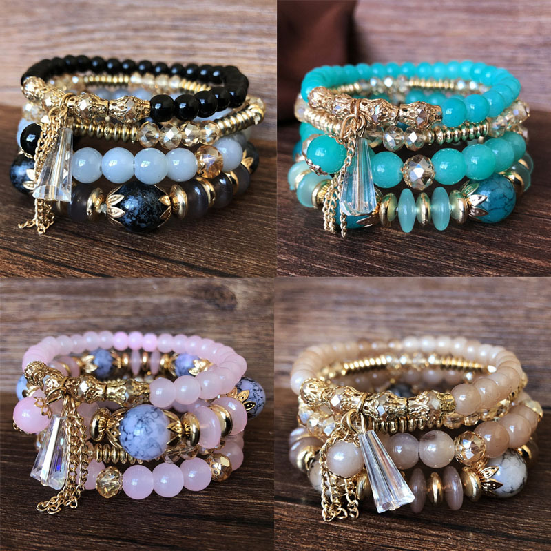 

Bohemian Style Multilayered Acrylic and Crystal Beads Strands Bracelet 4pcs/Set
