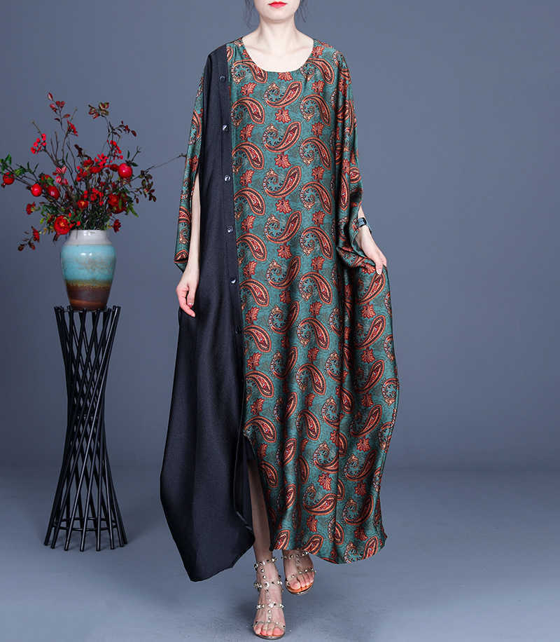 

spring and summer fashion casual comfortable loose bat sleeve dress elegant retro printing stitching female 210615, Green