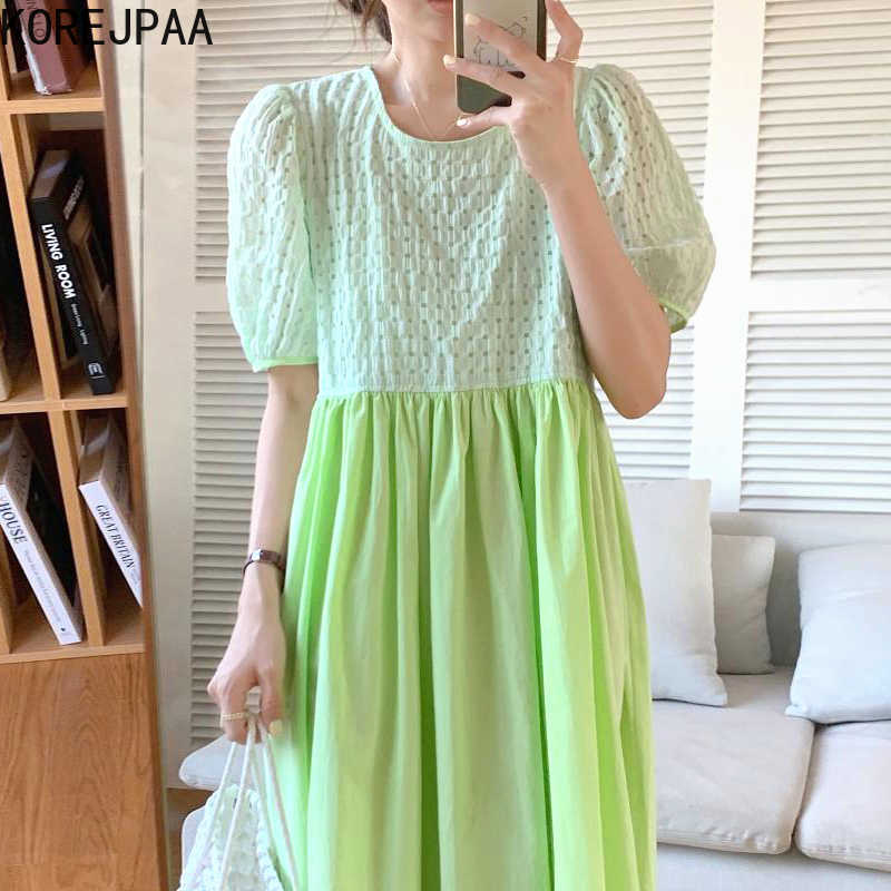 

Korejpaa Women Dress Summer Gentle Texture Contrast Color Stitching Back Single-Breasted High Waist Puff Sleeve Vestidos 210526, Pink