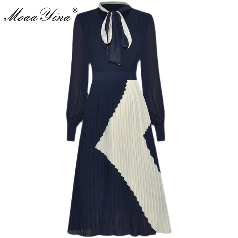 

Fashion Designer dress Spring Summer Women's Dress Bow collar Long sleeve Pleated Chiffon Elegant Dresses 210524, Black