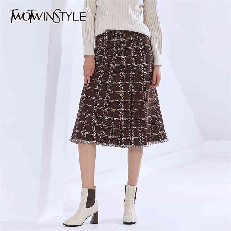 

Plaid Hit Color Skirt For Women High Waist Patchwork Tassel Designer Oversized Mid Skirts Female Autumn Style 210521, Lightcoffee