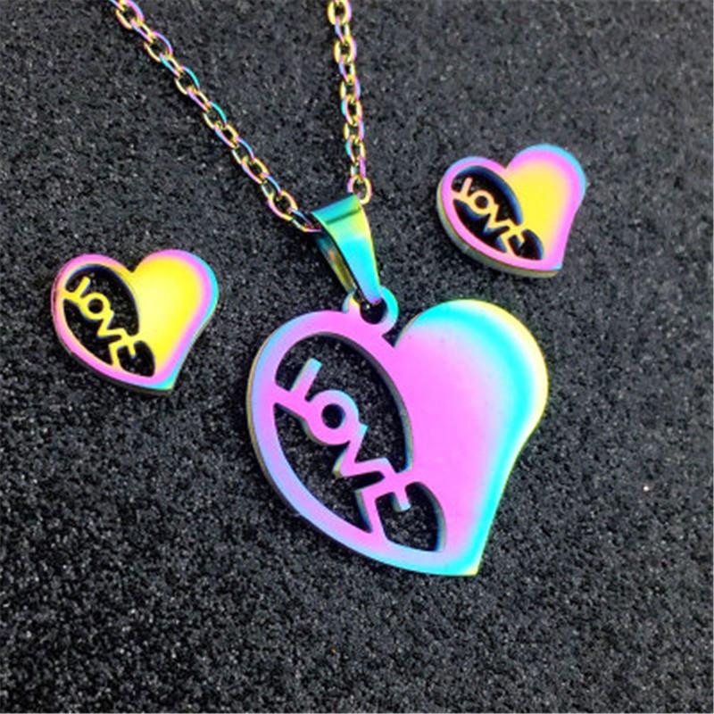 

Earrings & Necklace QIAMNI Dazzling Colorful Sweet Love Heart Necklaces Pendants Stainless Steel I You Jewelry Set Gift For Women, Silver
