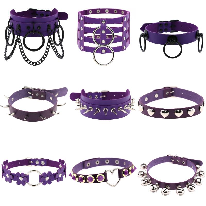 

Chokers 2022 Goth Purple PU Leather Heart Flower Spike Rivet Studded Choker Necklace Sexy Collar Chocker Gothic Jewelry Accessoires