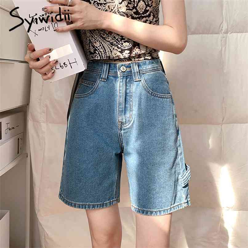 

Syiiwidii Jeans Denim Shorts Women Bright Line Summer Fashion Straight Black Blue Bermuda High Waist Ulzzang Bottoms 210607