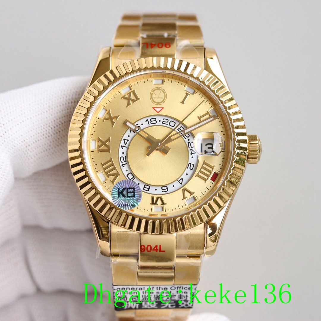 

3 colors Top watch Wristwatches 326935 326938 42mm Yellow gold Rose 904L cal.9100 Movement GMT month calendar work Luminescent Automatic Mechanical Mens Watches, Box