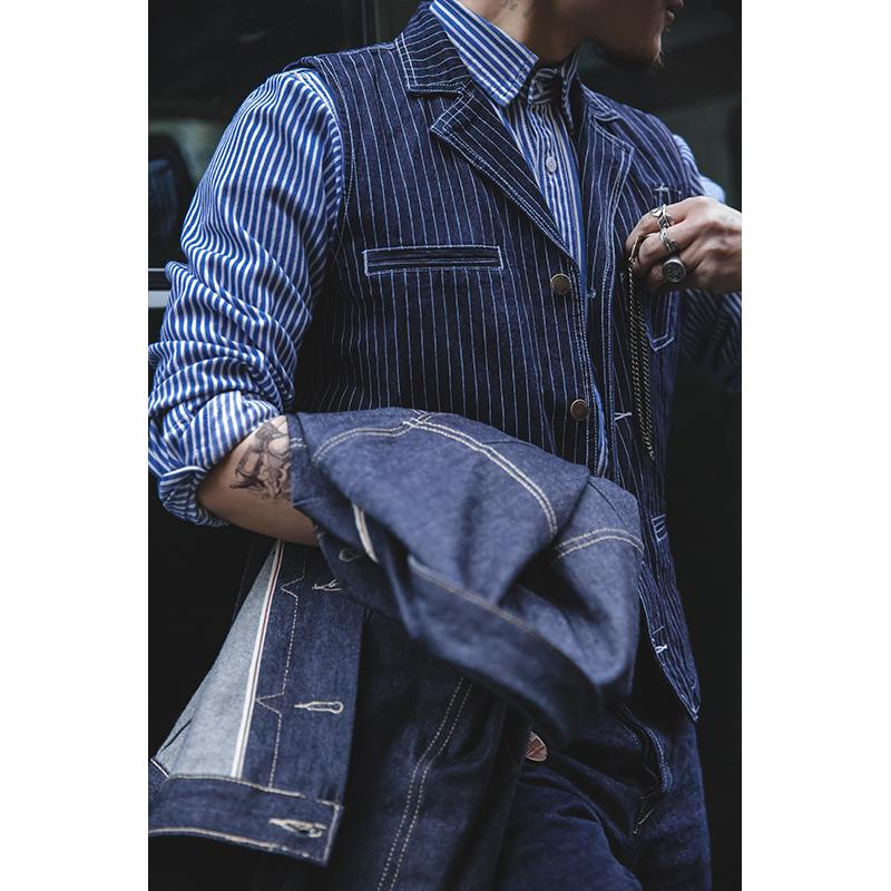 

Men' Vests Firmranch Men Fall Winter Stripe Denim Lapel Motorcycle Hunting Vest Suit American Vintage Amekaji Cargo Sleeveless Jackets, Blue