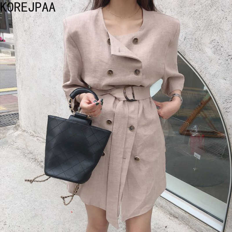 

Korejpaa Women Dress Summer French Niche Round Neck Buckle Lace-Up Waist Double-Breasted Cotton Linen Short-Sleeved Vestido 210526, Khaki