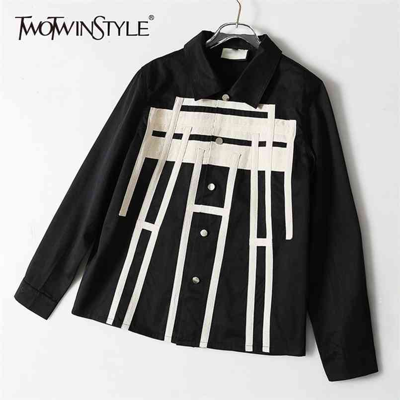 

Hit Color Casual Jacket For Women Lapel Long Sleeve Patchwork Plus Size Jackets Female Fashion Clothing Style 210524, Black