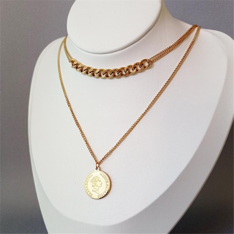

Pendant Necklaces Long Necklace With Multiple Pendants 316L Stainless Steel Double-layer Chain Queen Portrait Coin Sweater, Silver