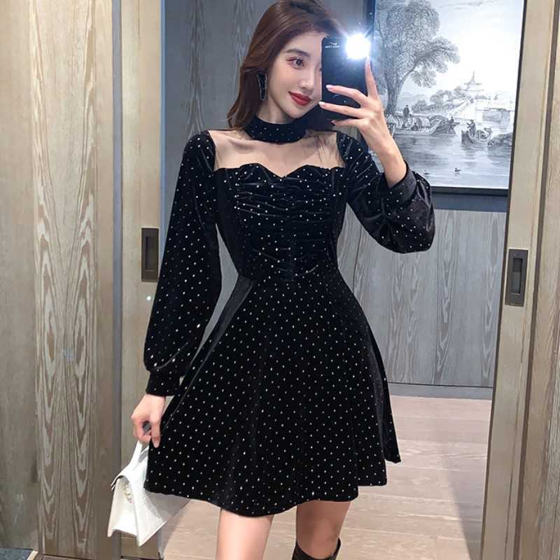 

Spring Women Sexy Mesh Patchwork Dot Velvet Dresses Eleagnt High Waist Casual Slim Party Female 210526, Photo color