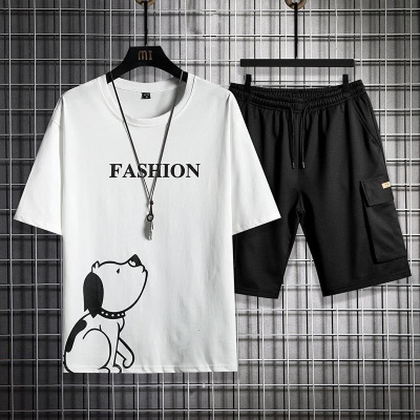 

sets summer printed leisure mens tracksuit tees knee length simple trousers korean fashion set hip hop streetwear chic harajuku, Gray