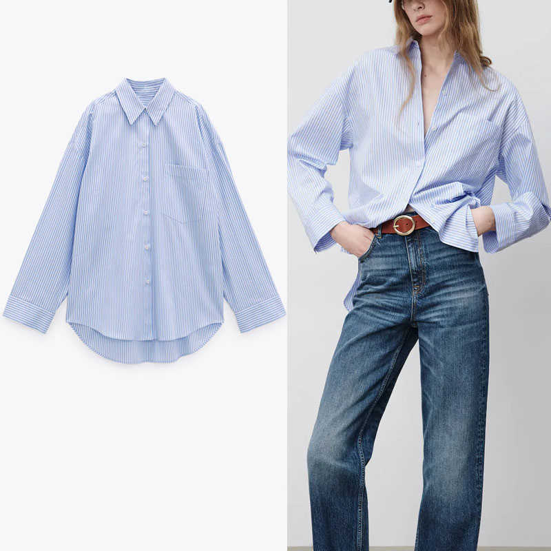 

ZA Blue Striped Oversized Shirt Women Loose Long Sleeve Asymmetric Top Feminine Fashion Back Pleat Long Shirts 210602
